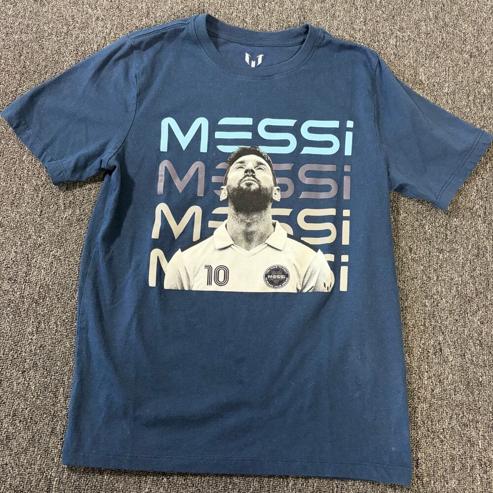 Vintage Y2k Lionel Messi Soccer Blue Graphic Short Sleeve Tee Youth Kids Large